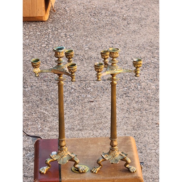 Pair of Antique French Brass Candleholders 19th Century-4 Candle Holder